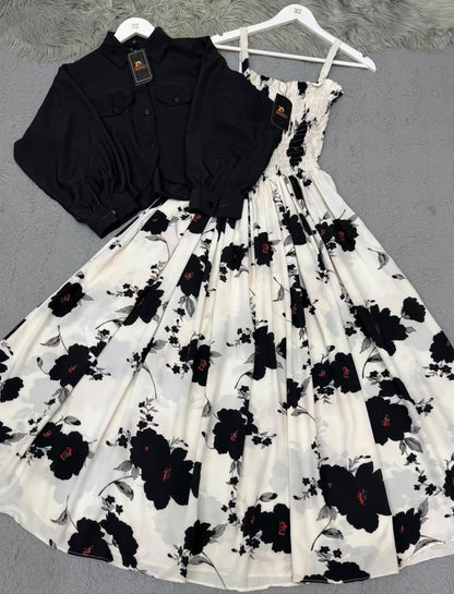 Floral Maxi Dress with Turkish Style Western Jacket – Elegant Fusion Set