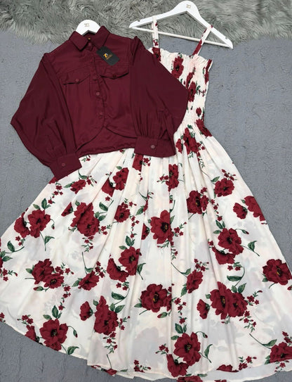 Floral Maxi Dress with Turkish Style Western Jacket – Elegant Fusion Set
