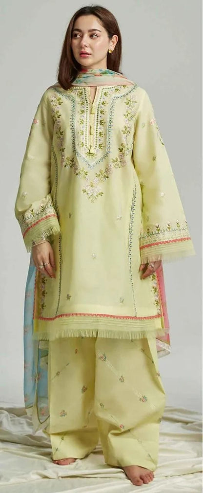Unstitched 3 Piece Lawn Suit Yellow Party Wear