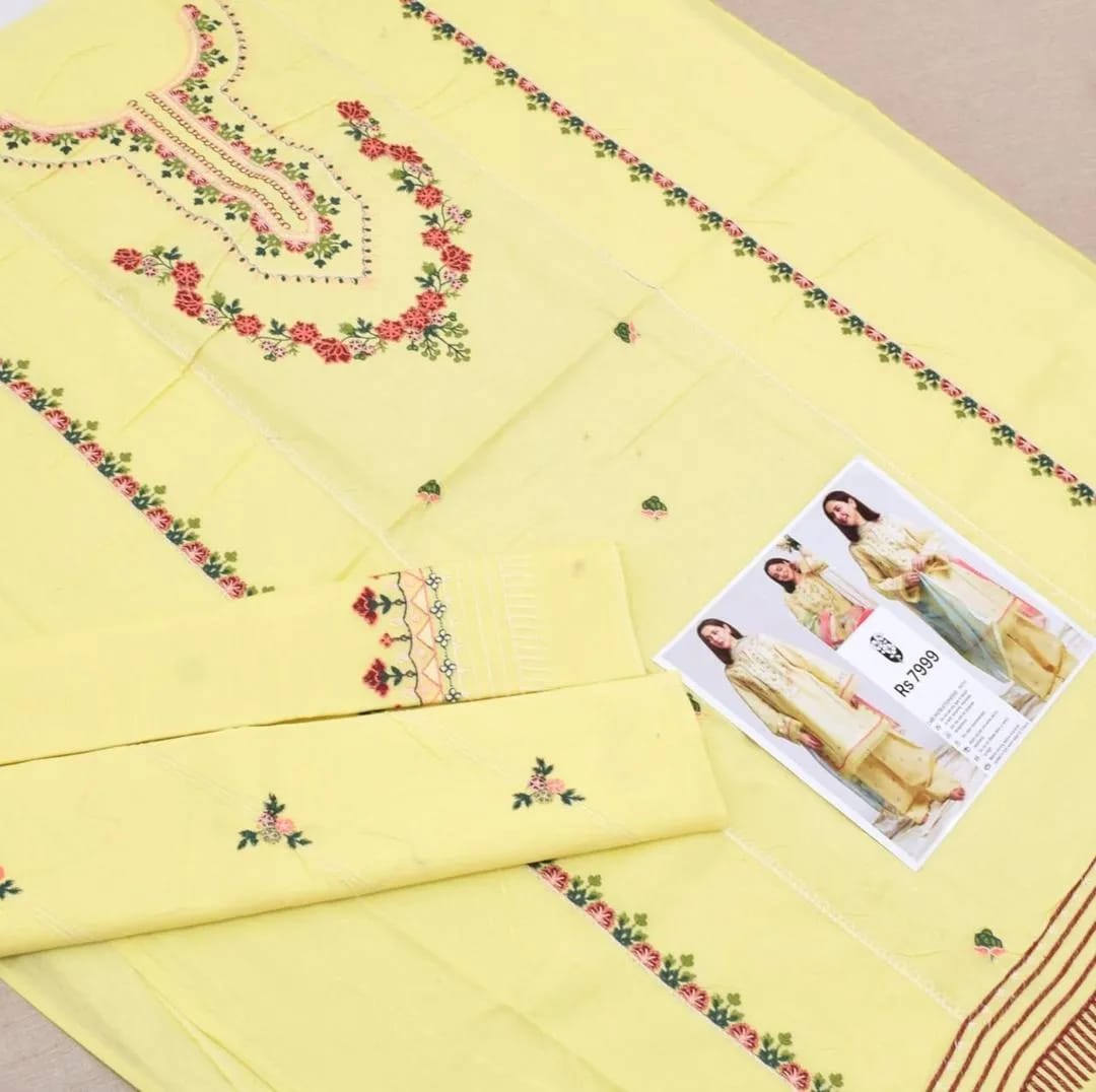 Unstitched 3 Piece Lawn Suit Yellow Party Wear